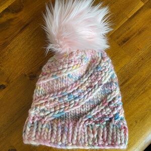Handmade Soft Pink Rainbow Bobble Hat with removable bobble